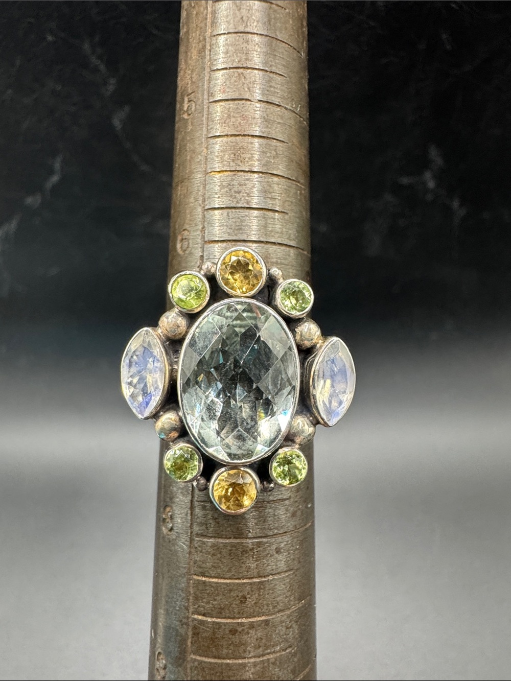 Sterling Silver Multi-Gemstone Statement Ring in Light Blue and Green size 7